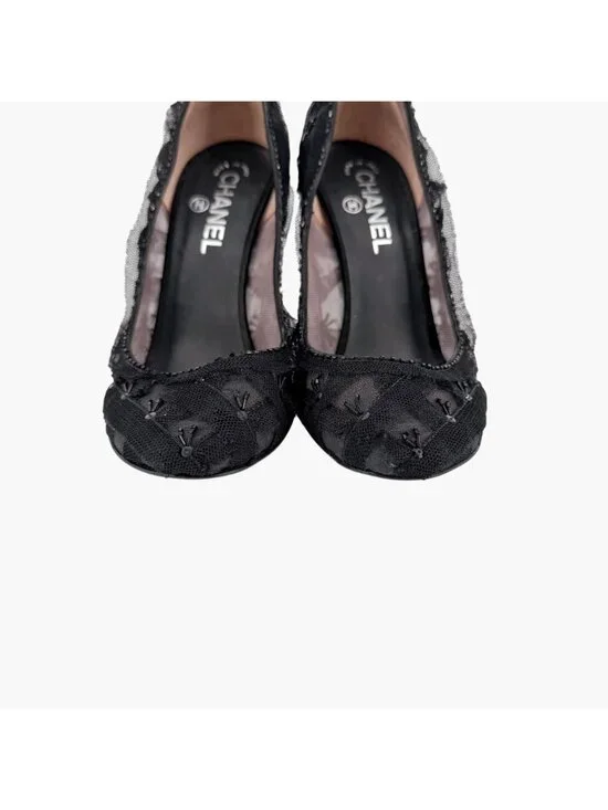 Chanel CC Bead-Embellished Pumps Black Mesh Lace Heels Size 38.5 US 7.5-8 - Picture 5 of 16